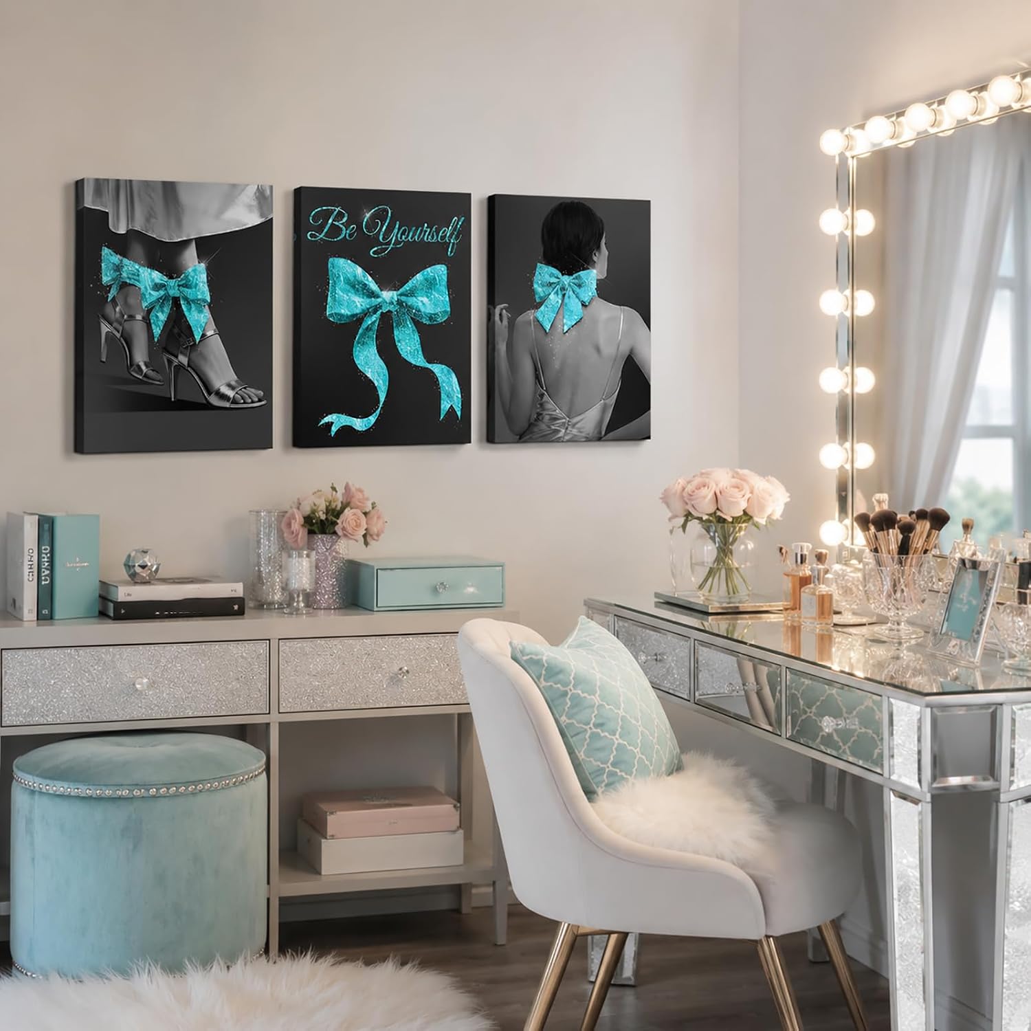 OuElegent Black and White Canvas Wall Art with Teal Glitter Bow, 3 Panel Modern Fashion Print Set, Be Yourself Theme Decor (teal)