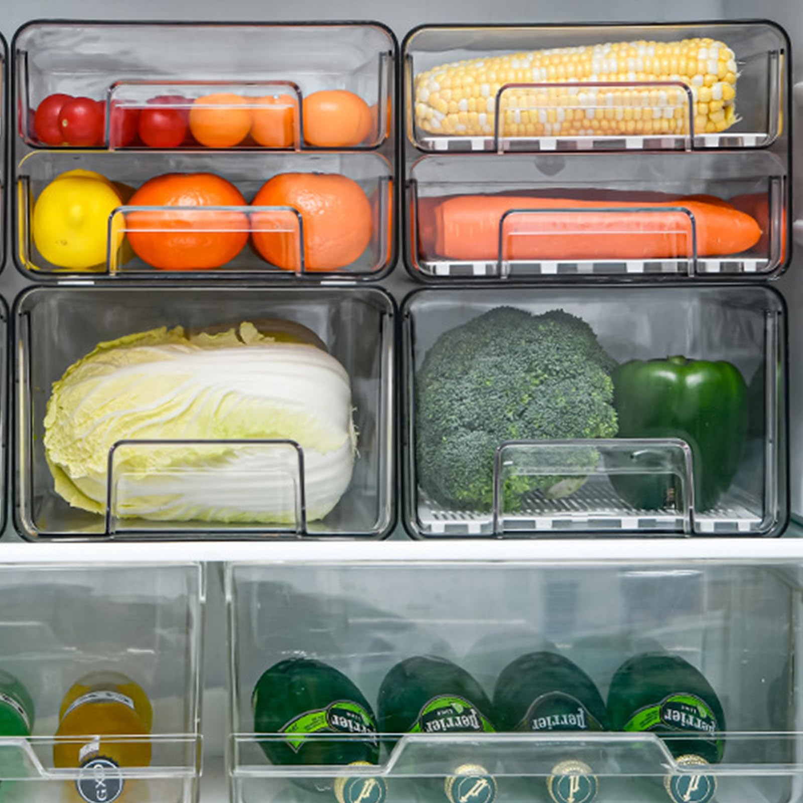 Organizer Frigorifero con Cassetta, Doppio Organizzatore da Cucina Trasparente Impilamento e Riutilizzabile, Contenitori per Frigorifero Salvaspazio per Cucina Familiare, Frutta,Verdura,Carne,Snack