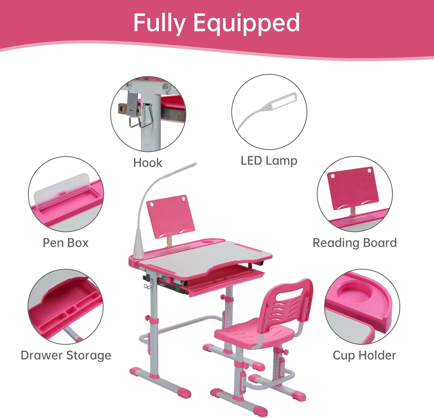 Kids Desk and Chair Set, Height Adjustable Child's School Study Writing Tables with Tilt Desktop, LED Light, Storage Drawer, Book Stand (Pink)