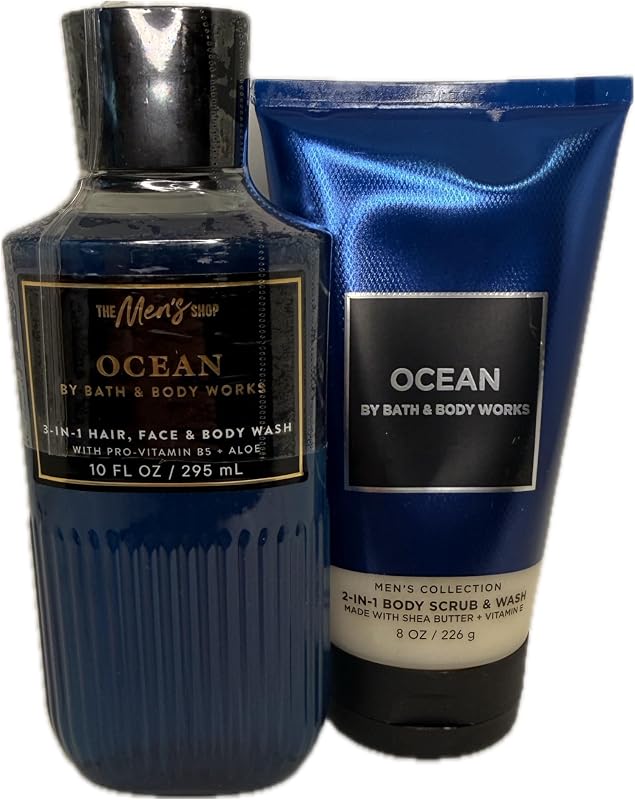 Bath & Body Works Ocean 3-in-1 Body Wash, Hair & Face + Body Scrub Set | Fresh Aquatic Men’s Grooming Duo
