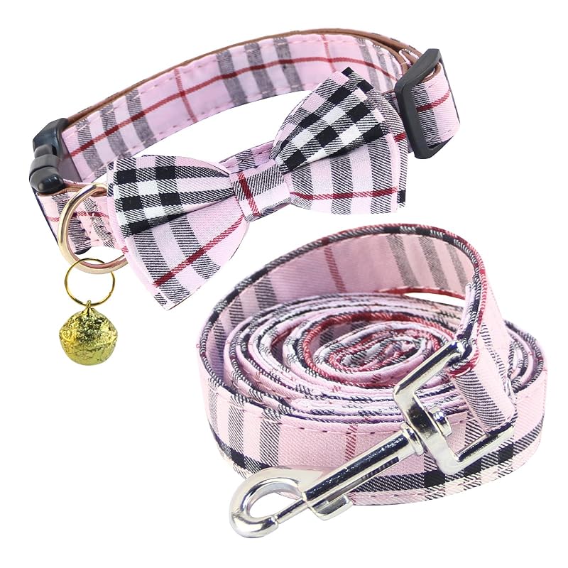 Coleira para cães com guia e gravata borboleta xadrez de algodão Yizepet M PINK-2