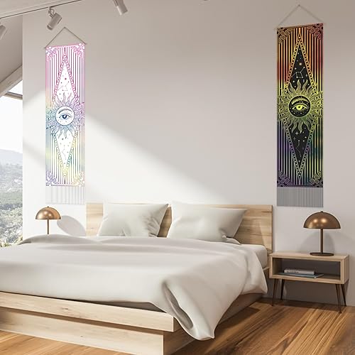 Miniatura 5 de AHANDMAKER Tapiz de flores y hojas, tapiz de sol y luna, tapiz vertical largo psicodélico para colgar en la pared, tapiz de estética botánica, tapiz