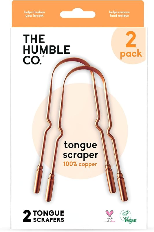 The Humble Co. Rascador de lengua, limpiador de lengua, cobre (paquete de 2) | Elimina el mal aliento y las bacterias, para adultos y niños, productos para el cuidado bucal dental, elementos esenciales para la higiene personal, sin BPA