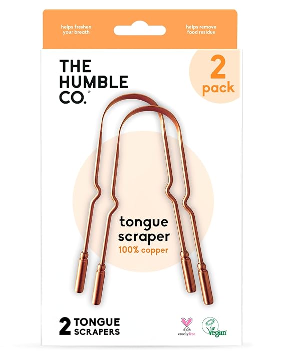 The Humble Co. Tongue Scraper, Tongue Cleaner, Copper (2 Pack) | Eliminates Bad Breath & Bacteria, For Adults & Kids, Dental Oral Care Products, Personal Hygiene Essentials, BPA Free