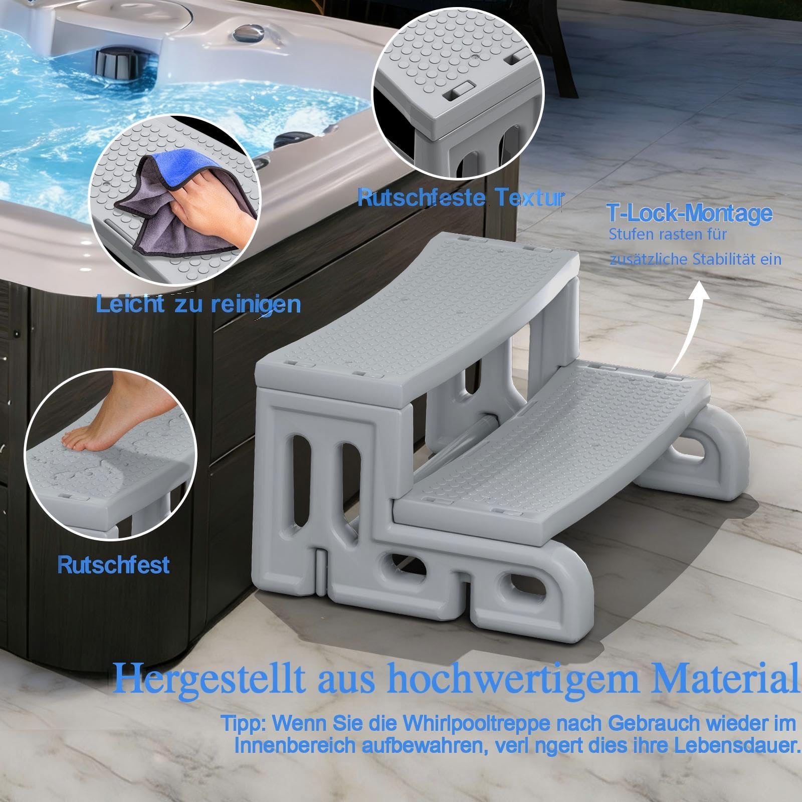 Whirlpool Treppe, 2 Stufen rutschfeste tragbare Universal Whirlpool Treppe aus Kunststoff für den Außenbereich, geeignet für Badewanne, Whirlpool, Wohnwagen, Wohnmobil, Terrasse