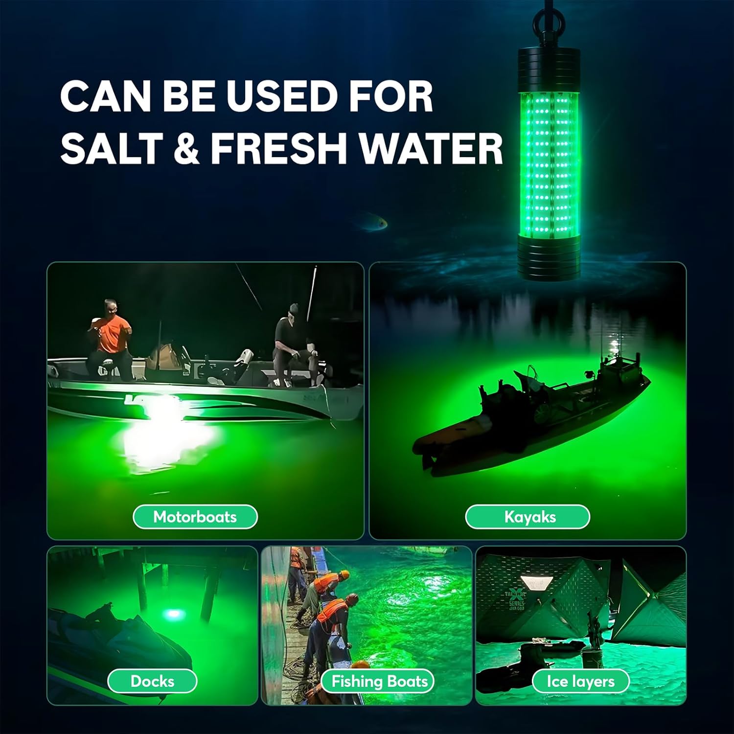 Underwater Fishing Light 150W 20000LM Green Light for Fishing with Tow Rope 110V LED Submersible Light Attractants for Docks,Fishing Boats or Yachts, Anti-Corrosion for Fresh & Salt Water 33ft Cable