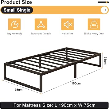 Yicensen Small Single Bed Frame 75x190 cm, Metal Bed Frame Small Single with Steel Slat Support, Easy Assembly, Noise Free, No Box Spring Needed,30cm High, Black
