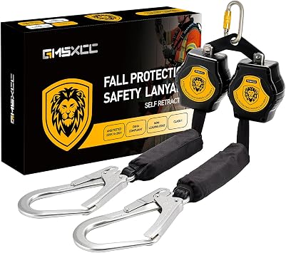 Fall Protection Safety Lanyard - 6FT Double Leg SRL Self Retracting Lifeline Yoyo Roofing Construction Gear OSHA/ANSI Compliant Dual Rebar Hook