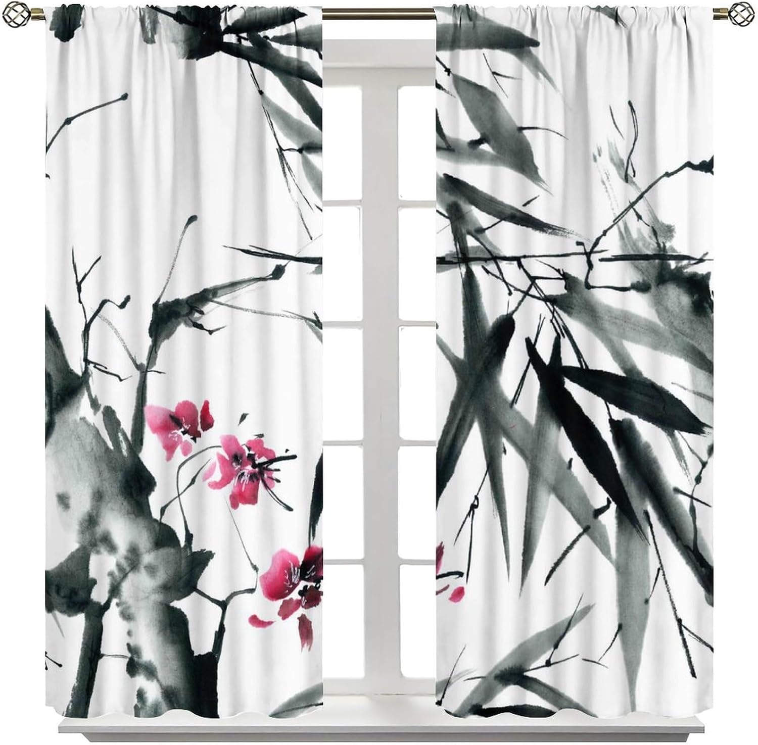 Bamboo Curtains Natural Bamboo Stems Cherry Blossom Japanese Inspired Folk Curtain with Rod Pocket for Bedroom Living Room Home Decor Drapes Window Treatments 2 Panels Set 63x72in