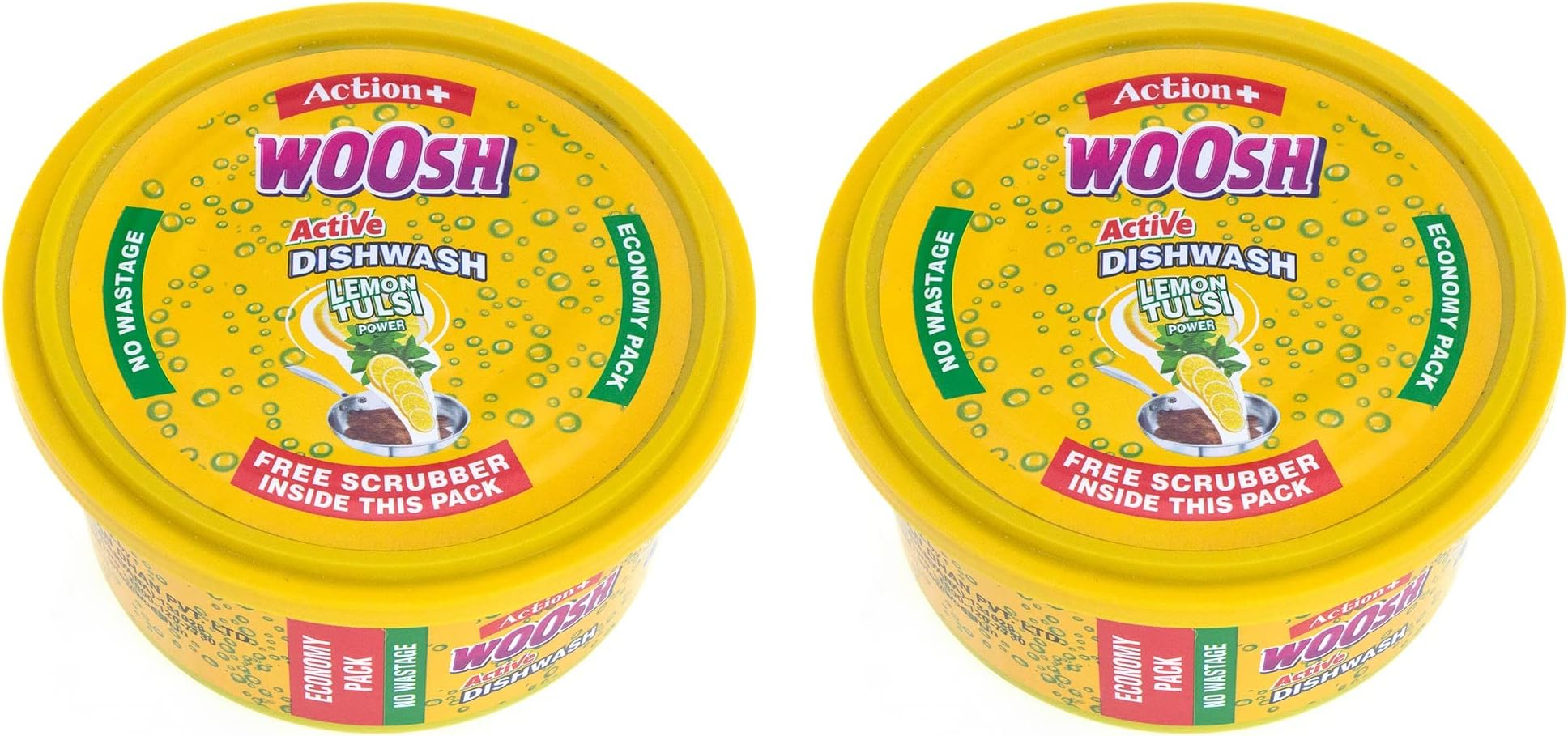 WOOSH Action + Dish wash Lemon Tulsi Power Bar Tub with Free Scrubber 400 gm (Pack of 2)
