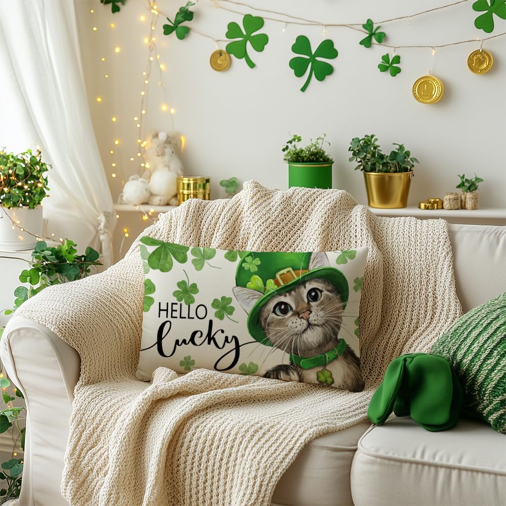 AACORS St.Patricks Day Pillow Cover 12x20 Inch Cat Clover Lucky Decorative Pillow Case Holiday Decorations for Home Sofa Couch (Green) - Image 2