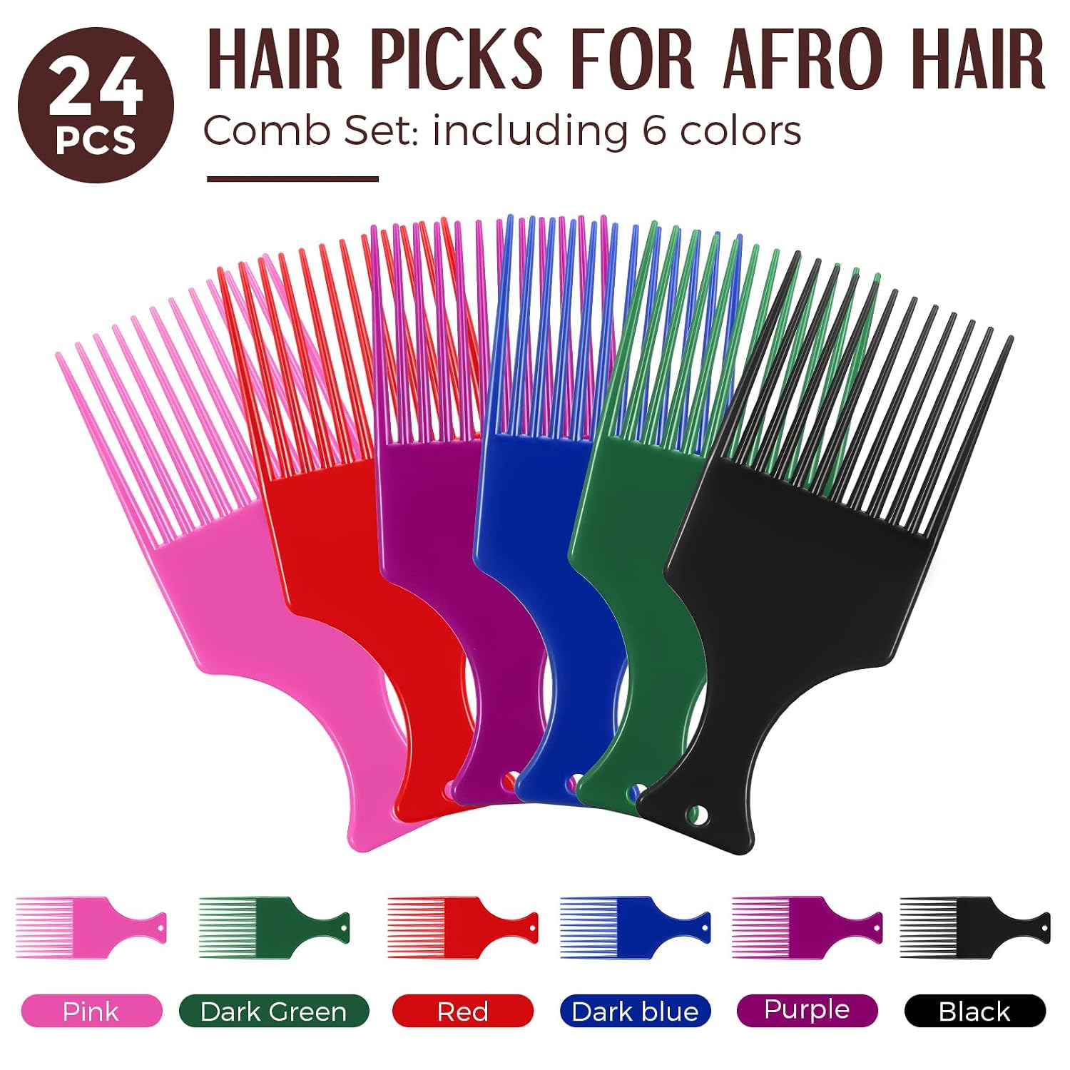Nuogo 24 Pcs Hair Pick Wide Tooth Lift Plastic Afro Pick,Multi Colors