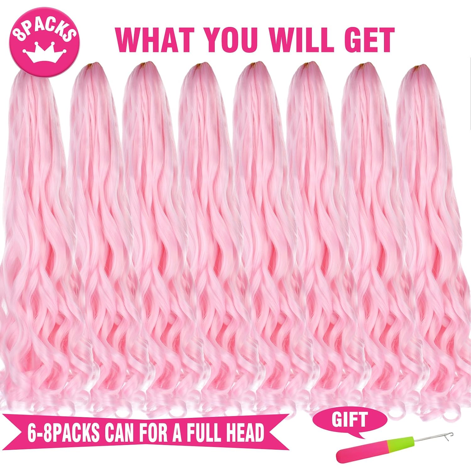 UNION BEAUTY Pink French Curl Braiding Hair 22 Inch Curly 8 Packs Pre Stretched Body Wavy for Bohemian Box Braids Crochet Black Woman (Pink#)