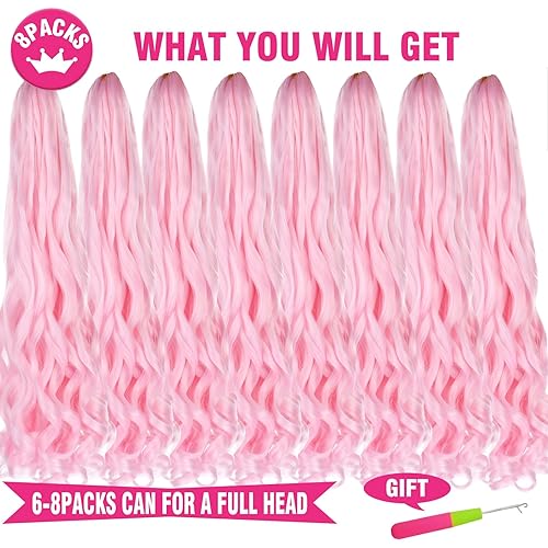 Miniatura 4 de UNION BEAUTY Cabello de trenza rizado francés rosa de 22 pulgadas, 8 paquetes pre-estirados, ondas corporales para trenzas de caja bohemias y