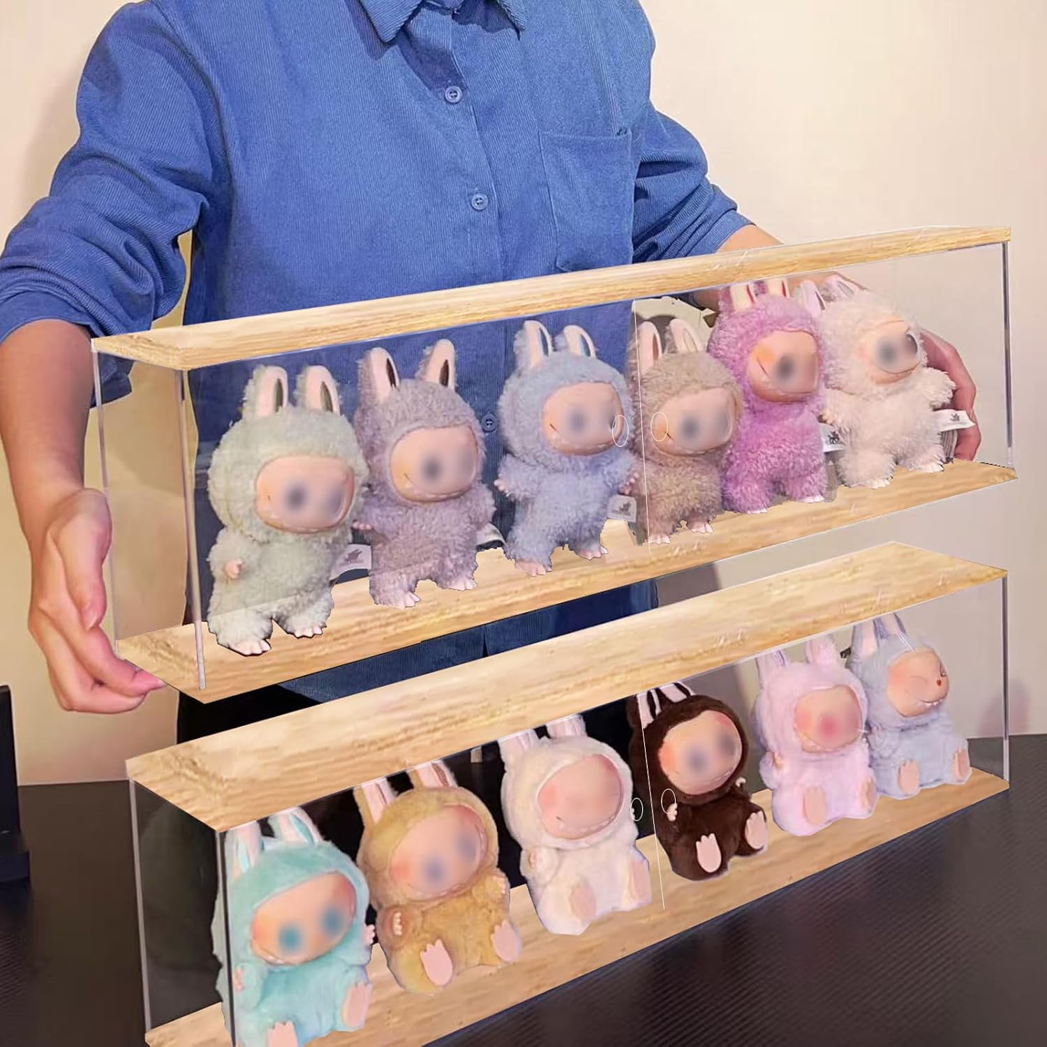 Clear Acrylic Display Case for LABUBU Doll Figures with LED Light, Wooden Display Box for POPMART The Monsters for Crybaby for SKULLPANDA Collectibles for Funko Pop with Door, 23.6x3.9x7.9in