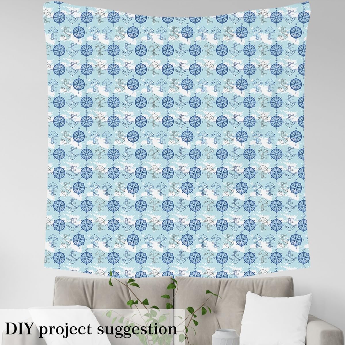 Jejeloiu Anchor Decor Fabric by The Yard, Nautical Themed Upholstery Fabric for Chairs, Ocean Coastal Decorative Fabric for Upholstery and Home DIY Projects, 5 Yards, Blue White