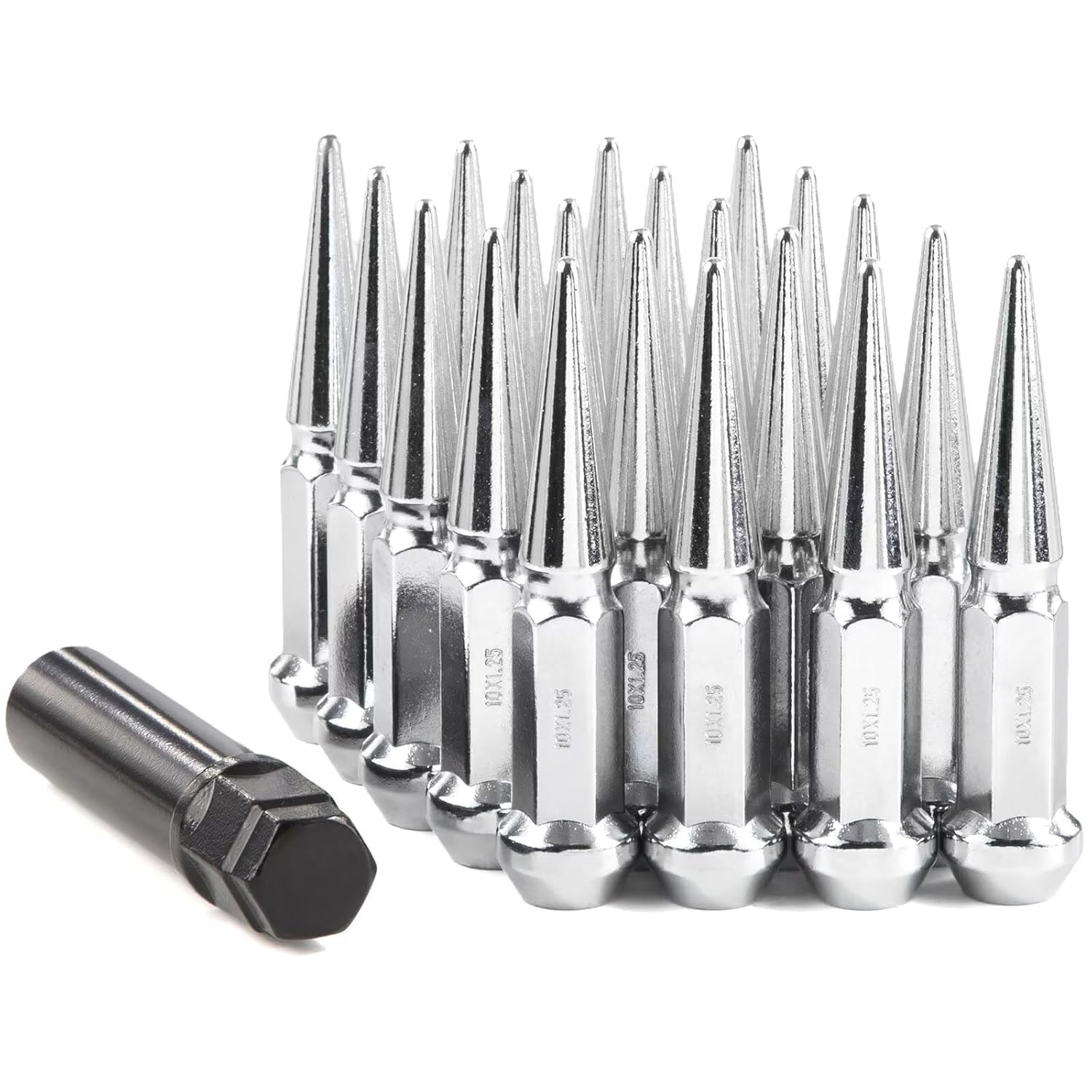 GAsupply 10x1.25 Spike Lug Nuts 16pcs, Closed End Bulge Acorn Chrome M10x1.25 Spiked Lug Nut, Cone/Conical Seat, 14mm Hex, 3.54" 90mm Tall for Aftermarket Wheel, 1 Long Socket Key