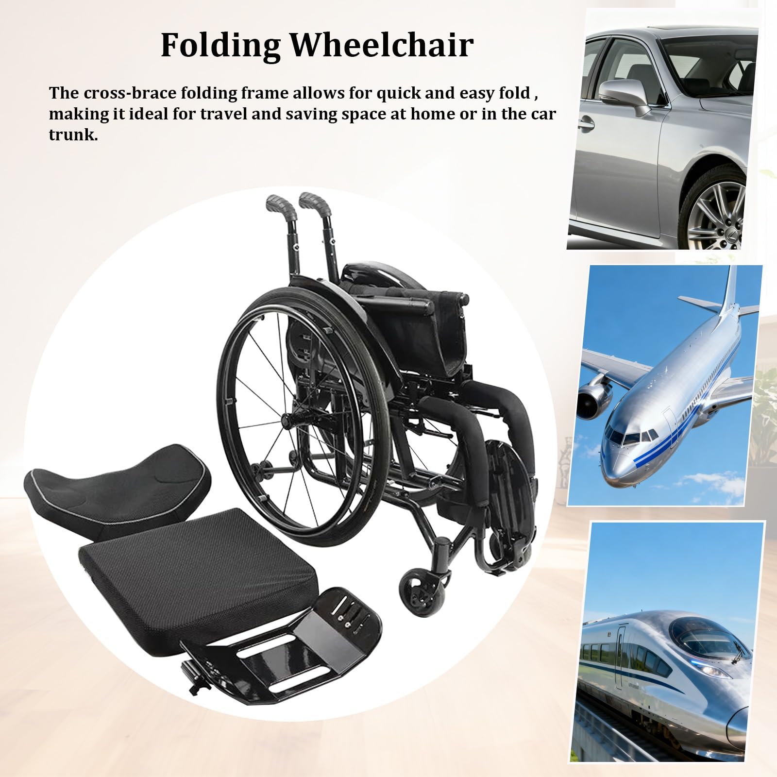 Sedia a rotelle pieghevole, di trasferimento, alluminio, ultraleggero, poggiapiedi pieghevoli, freno manuale, portatile(nero, 14.9in Seat Width)