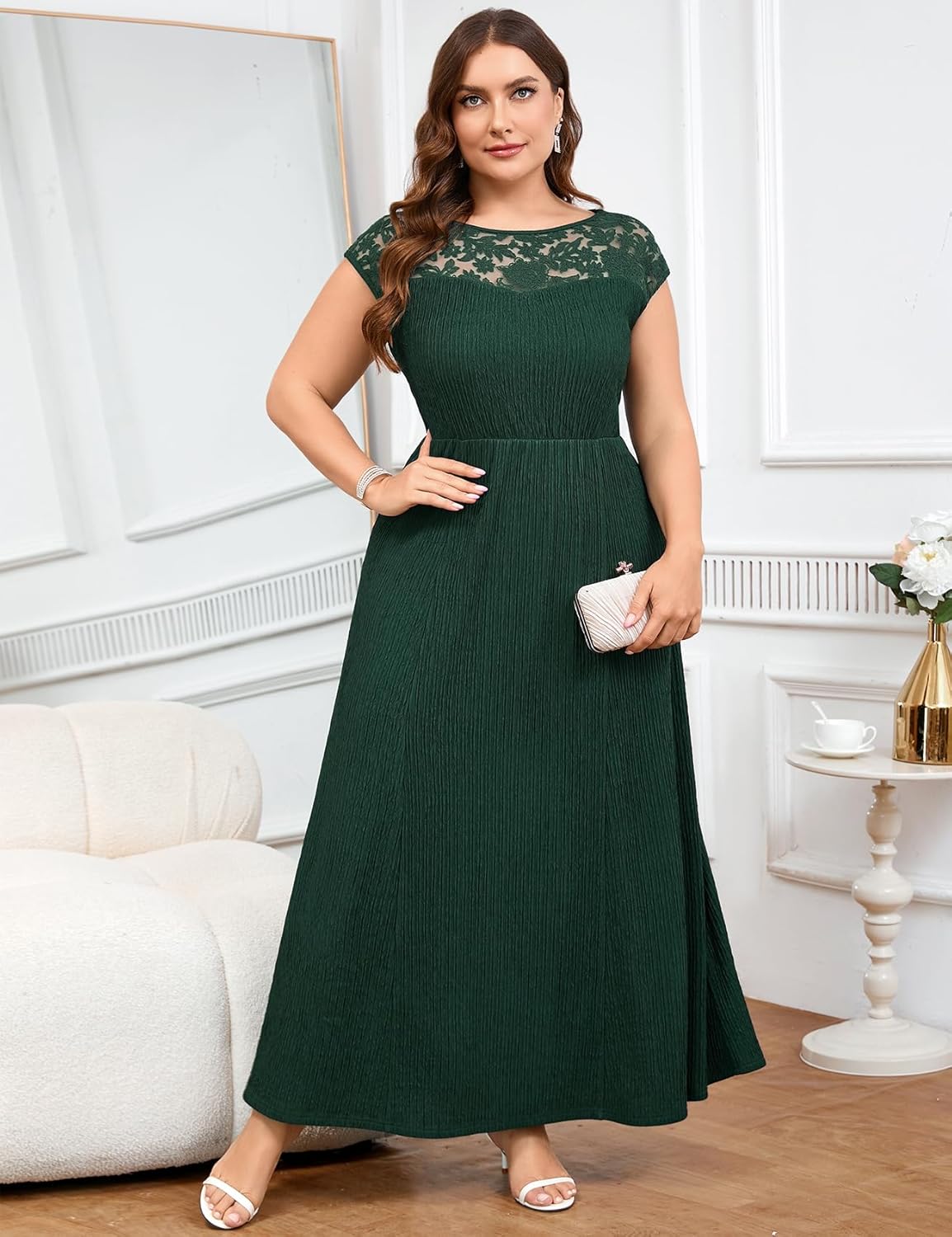 ZOMVA Plus Size 0X-4X Embroidery Lace Formal Long Dress Scoop Neck Cap Sleeve Aline Dress Mother of Bride Groom Wedding Guest