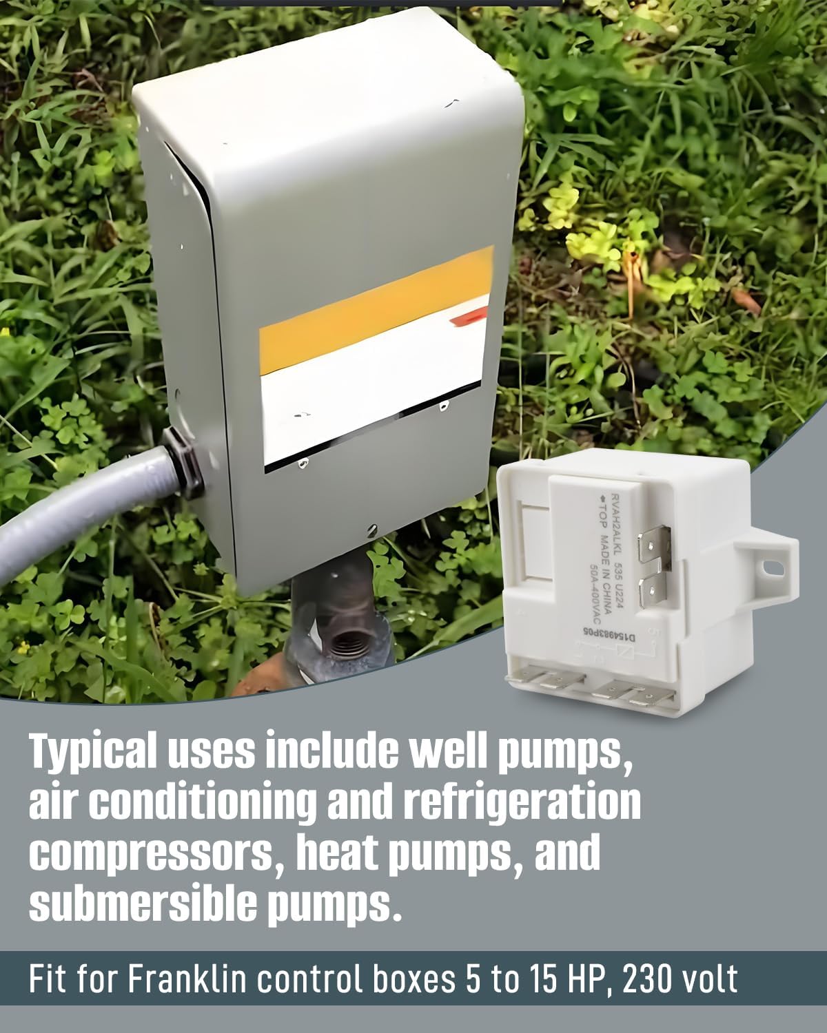 RVAH2ALKL Well Pump Relay Fit for Franklin 5 to 15 HP, 230 Volt Control Boxes, Replace 155031601 305213961, 50A Well Pump Relay, 2-Terminal, Normally Open