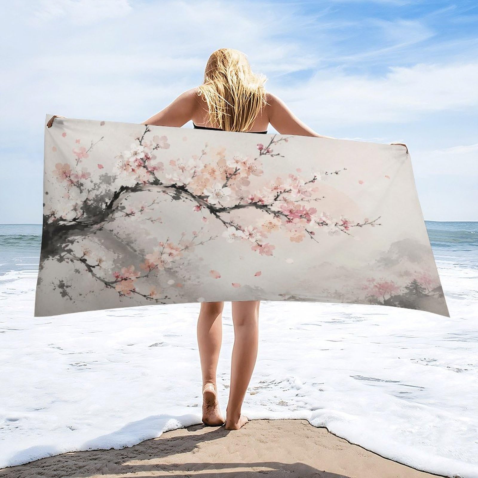 Anceky Cherry Blossom Branch Beach Towel 32"×63",Soft Microfiber Bath Towel Shawl, Quick Dry Absorbent Pool Spa Gym Shower Towel
