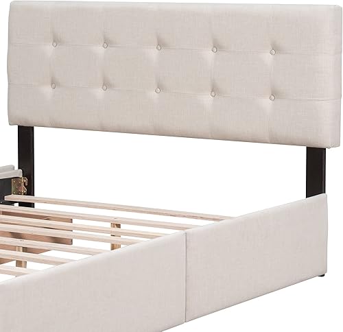 Miniatura 7 de Elegante cama tapizada de tela de lino tamaño Queen con 4 cajones, base de cama tapizada de madera con cabecera clásica, no necesita somier (beige)