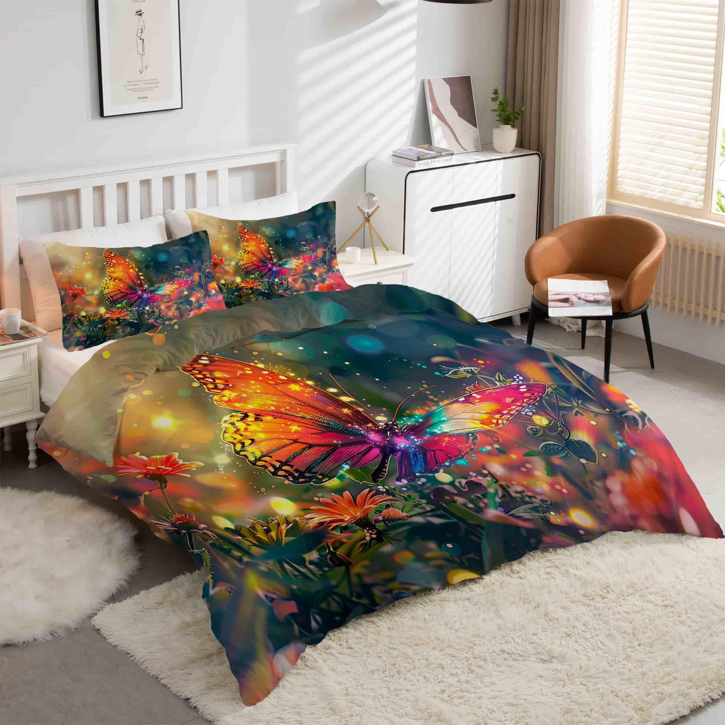 Housse de couette 200x200 papillon avec 2 taies d'oreiller en microfibre douce