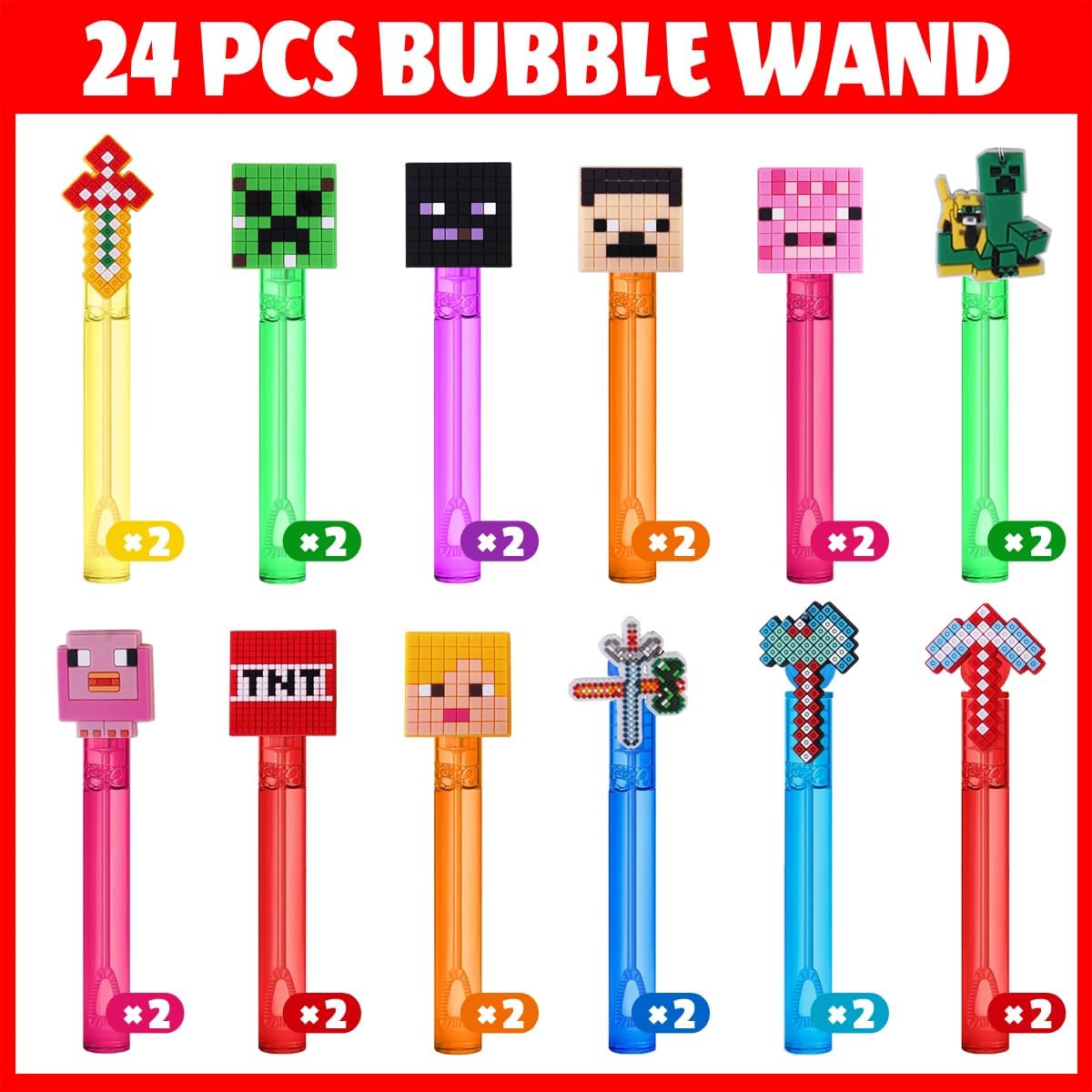 Pixel Birthday Party Favors,24 Pcs Bubble Wands for Kids,Bubble Wand for Birthday Party Supplies Decorations,Classroom Prizes Goodie Bag Stuffers Gift