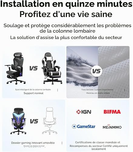 AutoFull G7 Chaise Gaming Chaise de Bureau Ergonomique avec Support Lombaire 3 Zones Dynamique, Appuie-Tête 4D, Accoudoirs 720°et Coque Design Haut de Gamme (Noir) - 5