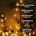 Metaku Globe String Lights Fairy Battery Operated 26ft 60LED with Remote Waterproof Indoor Outdoor Hanging Decorative Christmas for Home Party Patio Garden Wedding