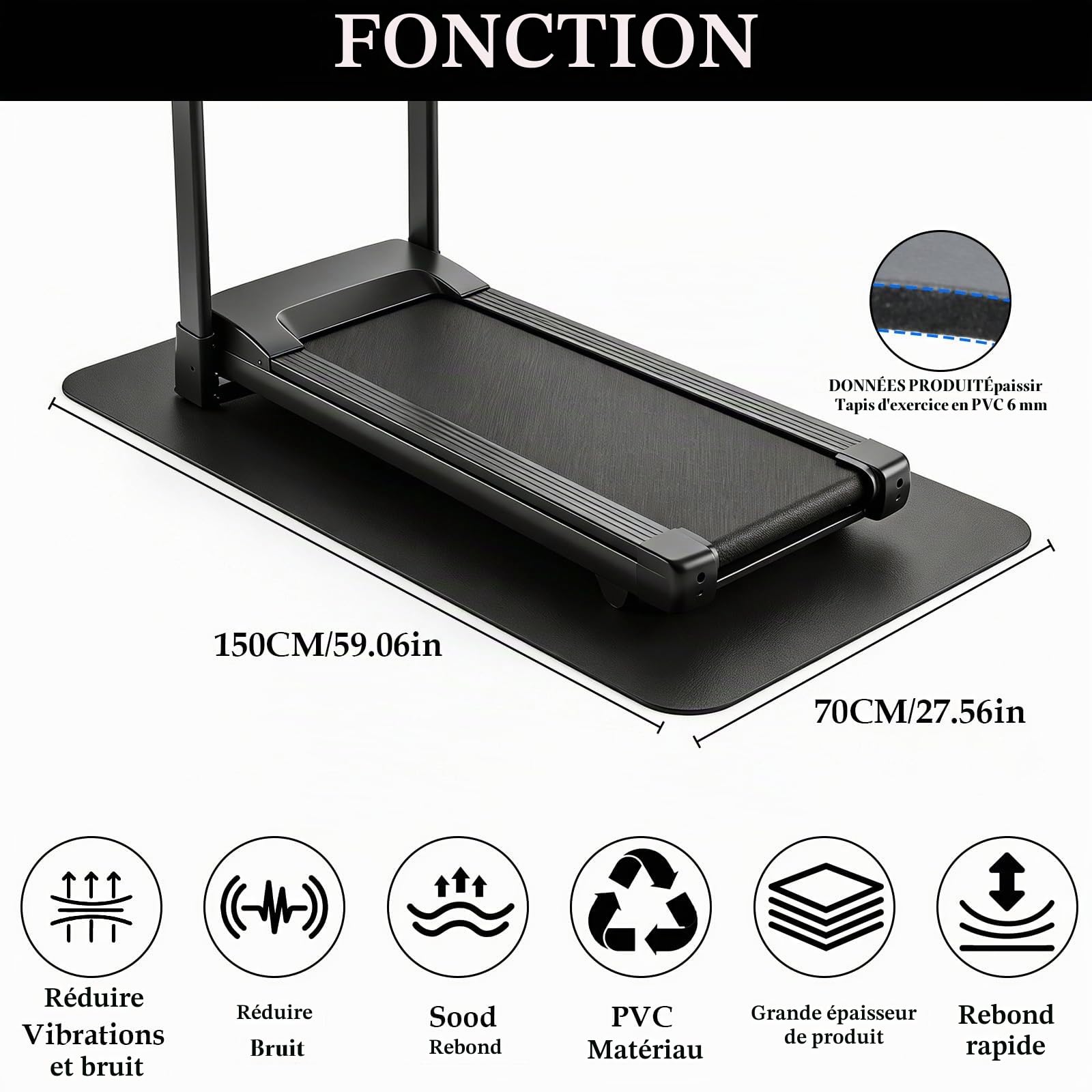 6mm Tapis de Protection de équipement de Fitness,Tapis Home Trainer,pour vélos d'exercice,protection de sol en PVC haute densité,pour de Course,Vélo,Elliptique