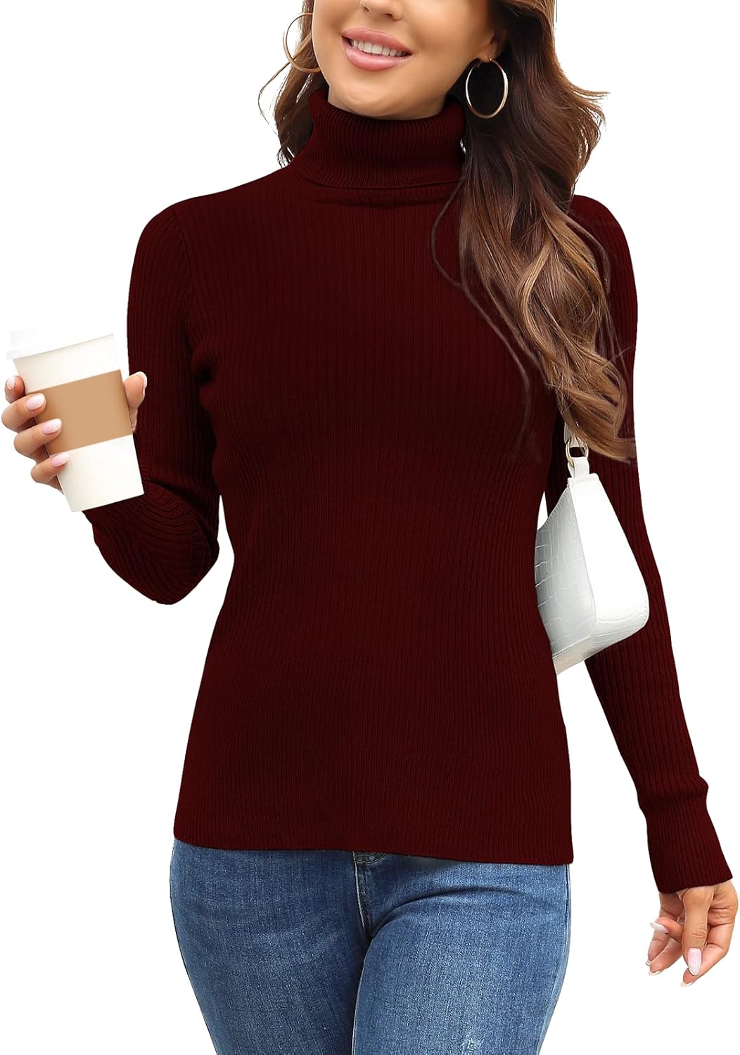 Rocorose Women's Ribbed Turtleneck Sweater Long Sleeve Knitted Solid Pullover
