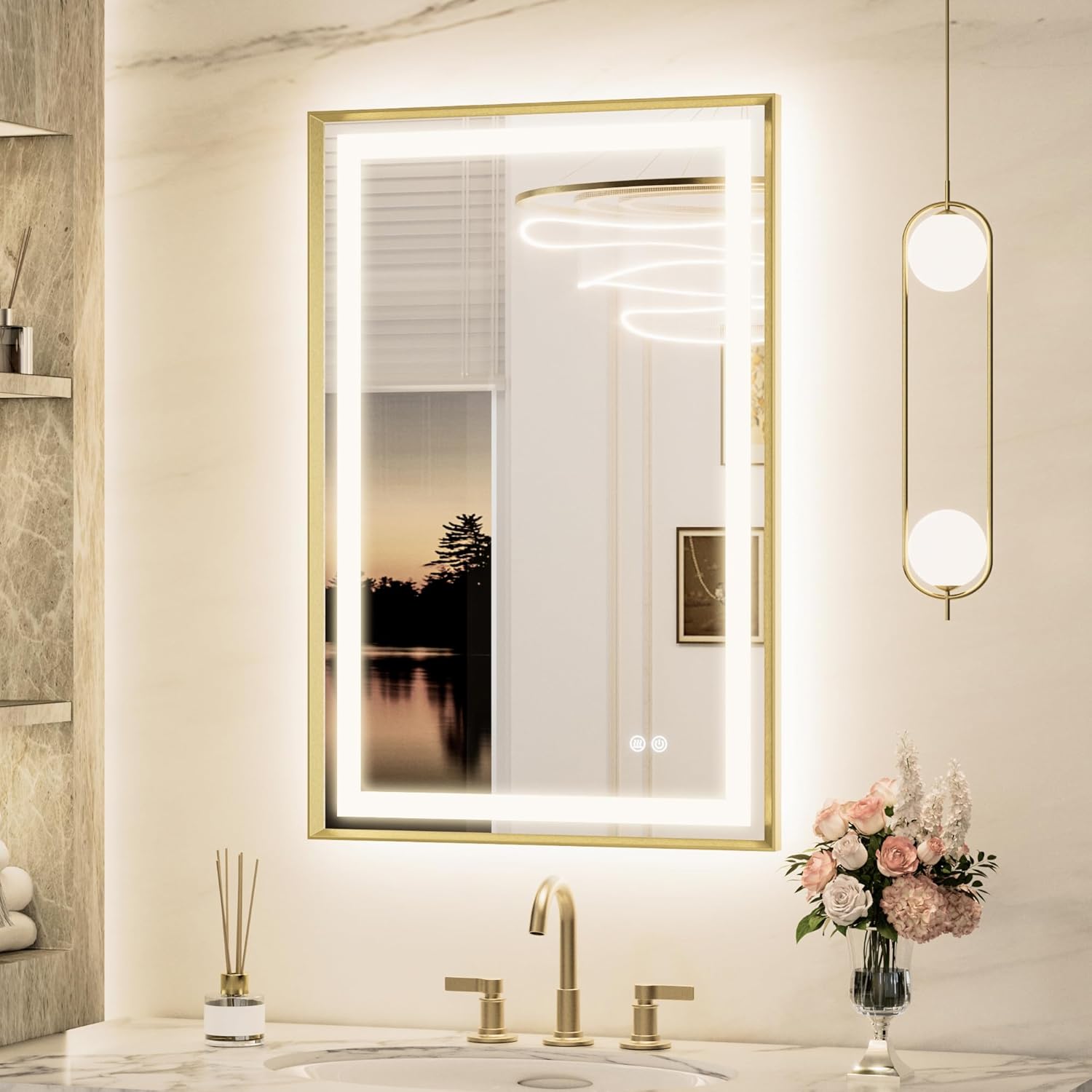 Keonjinn 24 x 36 Inch Lighted Bathroom Mirror with Frontlit & Backlit, Gold LED Mirror for Bathroom, Tempered Glass, UL Listed LED Driver, Aluminium Beveled Frame, 3 Color Lights, Anti-Fog, Dimmable Brushed Gold 36"L x 24"W