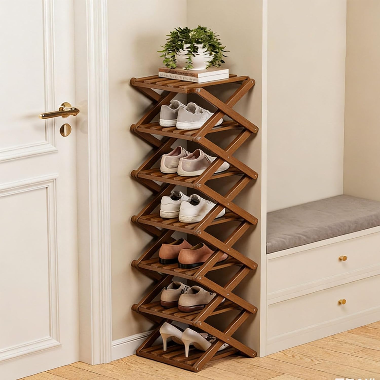 The 9-Tier No-Assembly Bamboo Rack, 2-9 Tier Folding Shoe Storage Rack, Space-Saving Organizer for Shoes, No Assembly Narrow Shoe Shelf for Entryway Closet Dorm (Brown, 7 Tier)