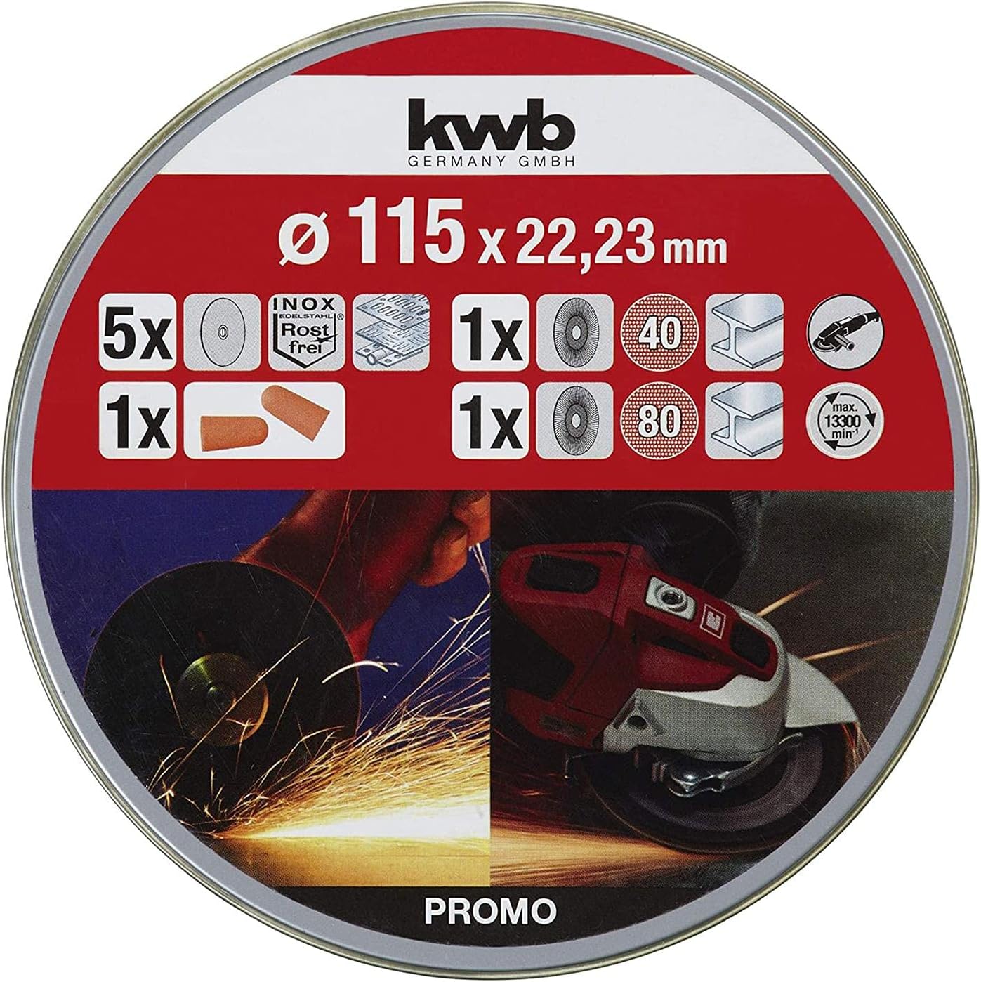 kwb 712051 Thin Cut-Off Wheels + Grinding Angle Grinder 115 mm Flex-disc f. Stainless Steel INOX in Storage Box incl. earplugs ABM. 115 x 1.0 x 22.23