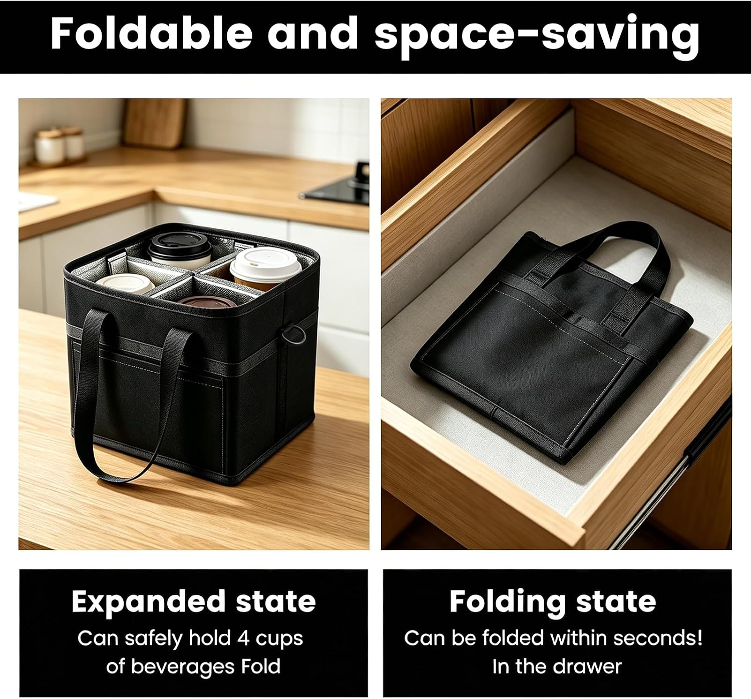 Insulated Drink Carrier Bag for 4 Cup, Reusable Multi Tumbler Carrier Caddy