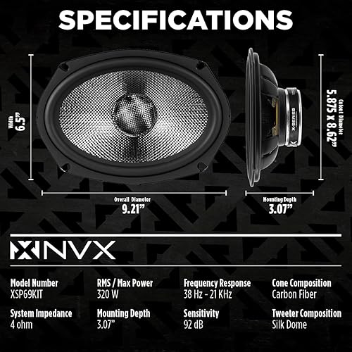 Miniatura 3 de NVX XSP69KIT - Altavoces para automóvil de 6 x 9, 600 W máximo, 300 W RMS, sistema de componentes de 2 vías con tweeters de cúpula de seda de 1