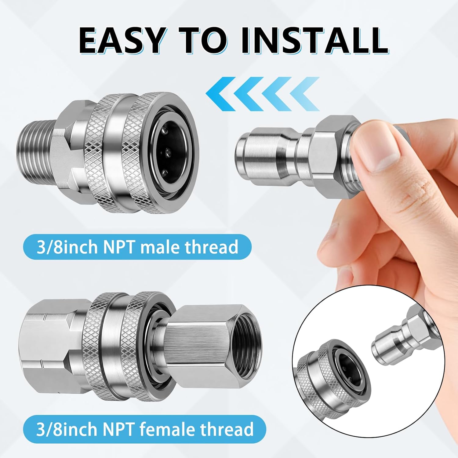 3/8" Stainless Steel Pressure Washer Quick Connect Kit - 4PCS Adapter Set with NPT Thread, High Pressure Coupler for Hose, Nozzle, Surface Cleaner