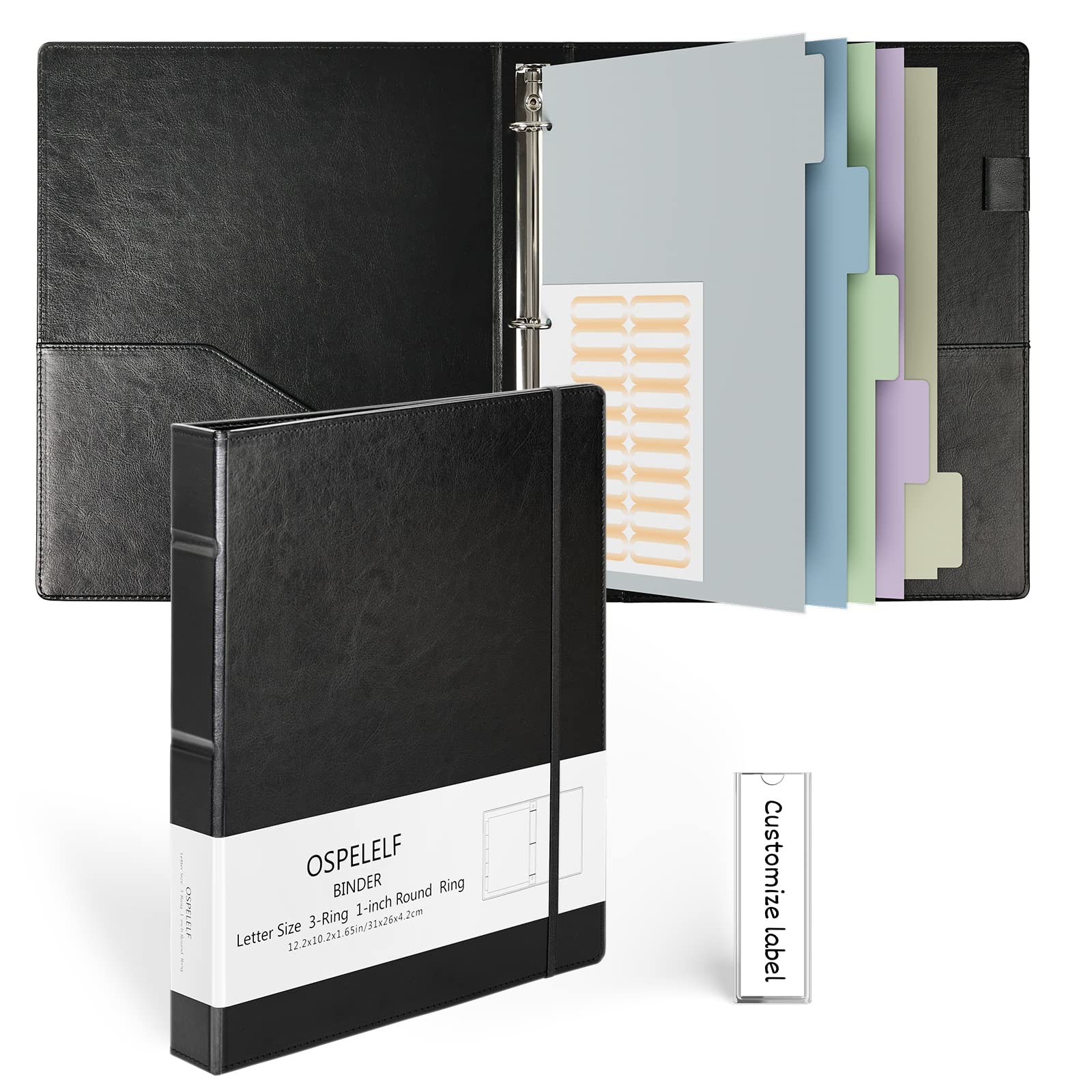Ospelelf Vintage Hardcover 3 Ring 1 inch Leather Binder, Professional Binder Organizer Suitable for Letter Size, Binder Dividers with Tabs, Faux Black Leather