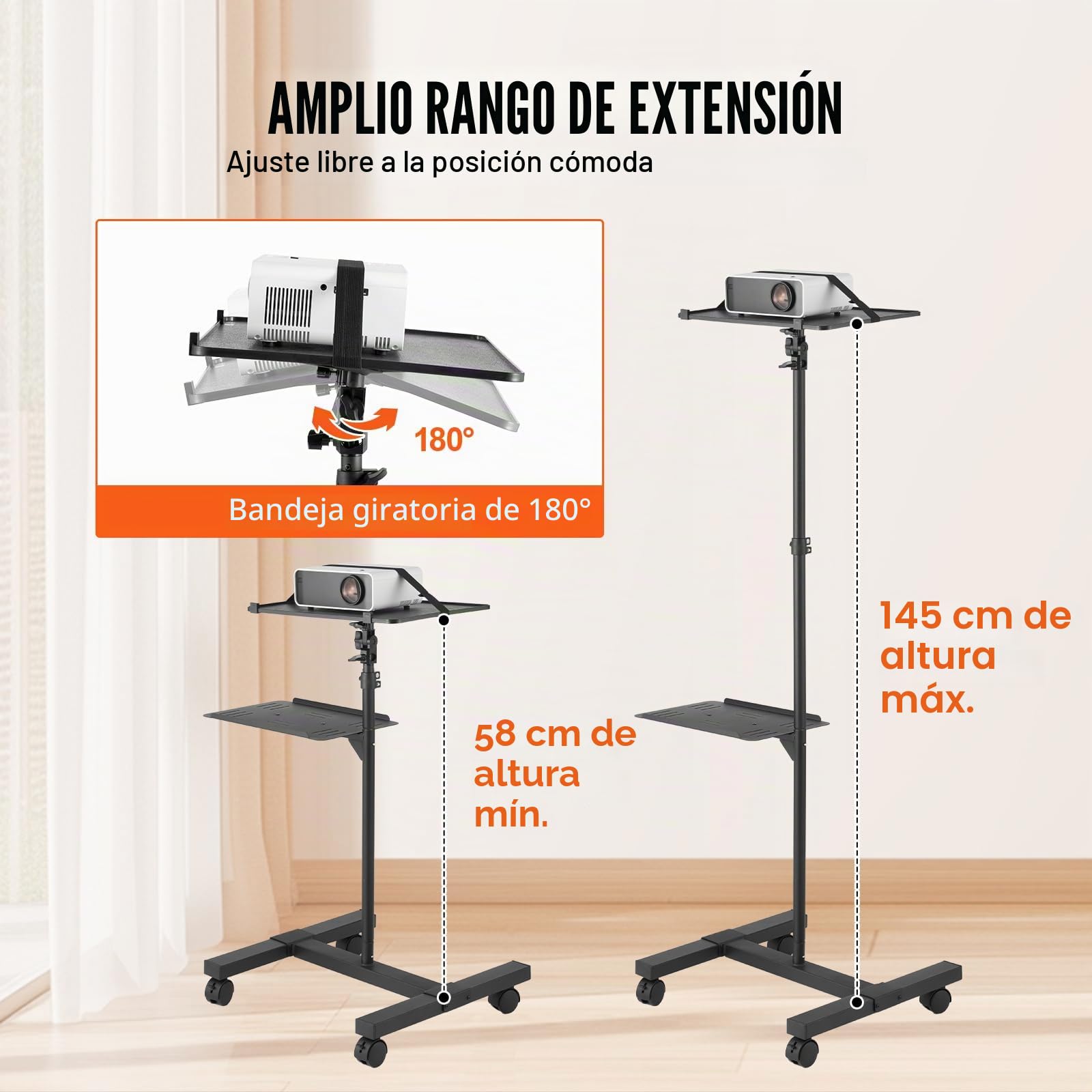 VEVOR Soporte para Proyector con Ruedas Soporte de Suelo para Proyector con Altura Ajustable de 580-1455 mm Soporte para Proyector con 2 Bandejas para Películas al Aire Libre, Hogar, Oficina, Negro