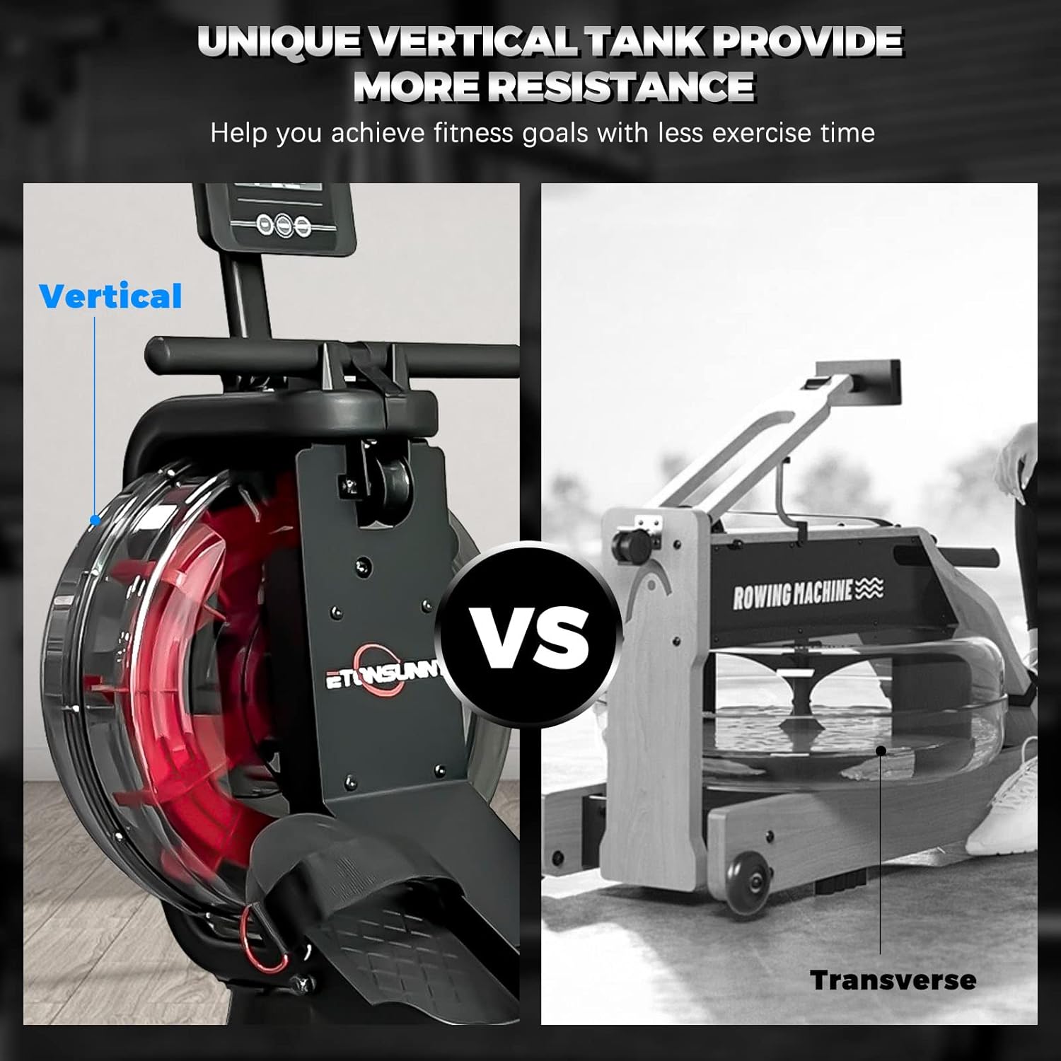 The ETONSUNNY Water Rowing Machine's monitor displaying a connected smartphone with the Fitshow app logo.
