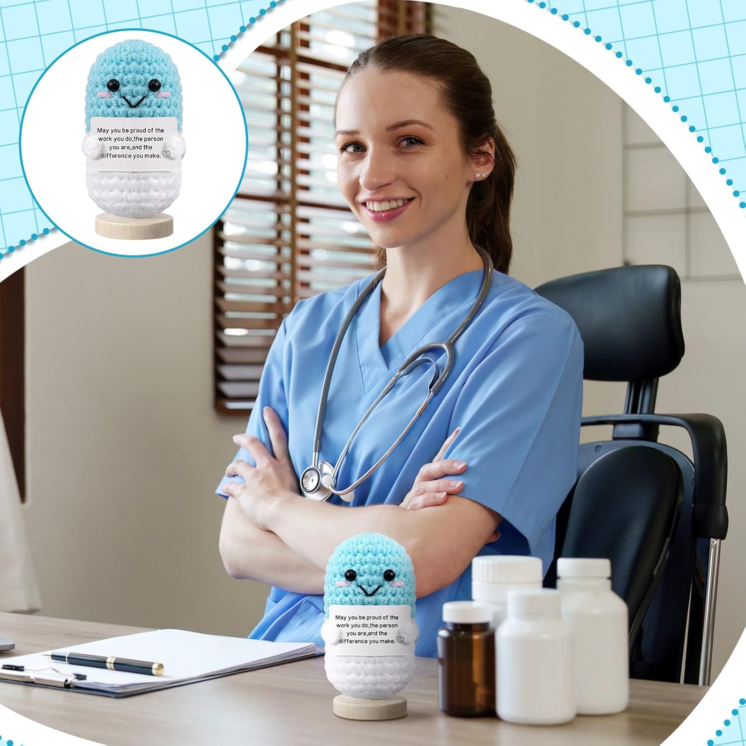 Nurse Gifts Pharmacist Pharmacy Crochet Pill Bottle Syringe Bandage Doll Nursing Appreciation Gift Thank You Inspirational Card for Women CRNA CNA RN LPN Decor(Pill,Blue) - Image 4