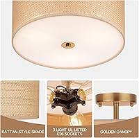 Vista 4 de 13" Boho Woven Rattan Ceiling Light Fixture, 3-Light Semi Flush Mount Modern Drum Lamp with Beige Fabric Shade, Rustic Lighting for Bedroom, Living