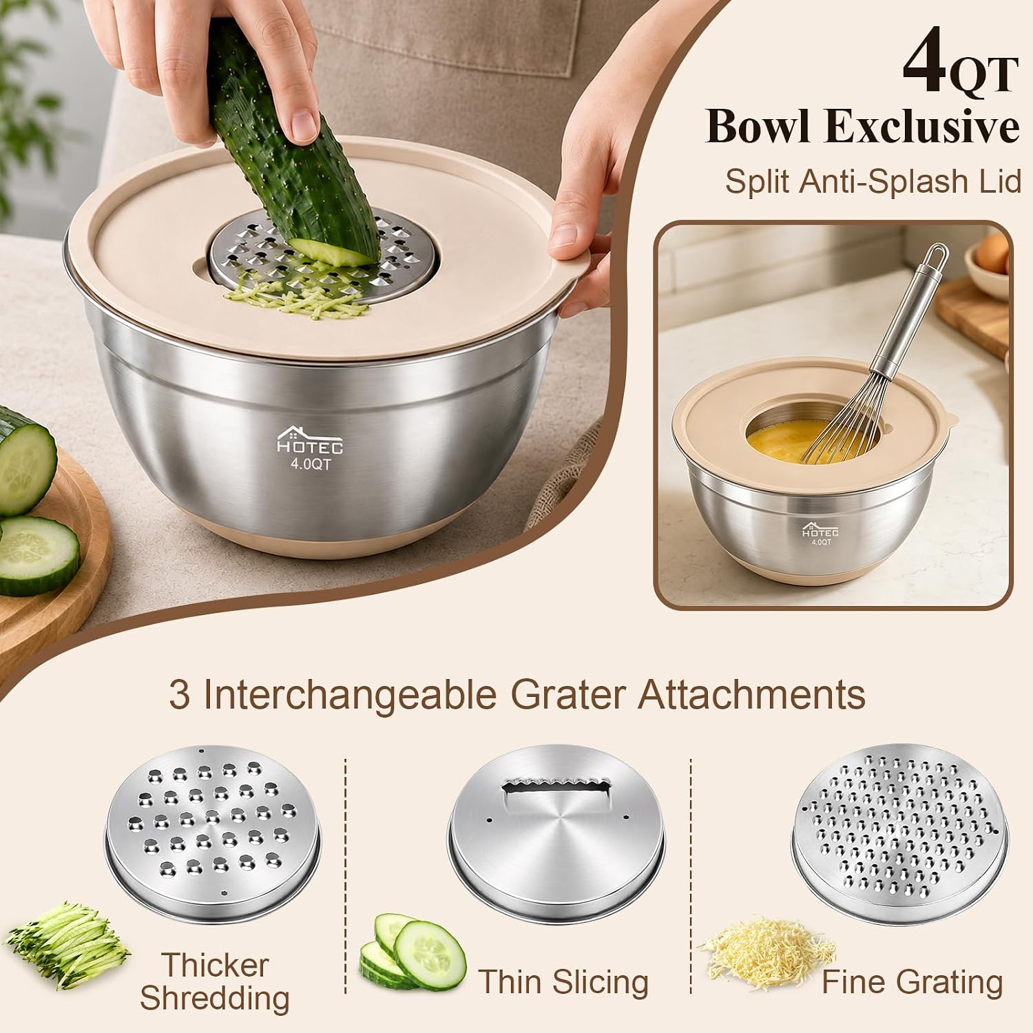 HOTEC Mixing Bowls with Lids Set, 9PCS Stainless Steel Nesting Bowls