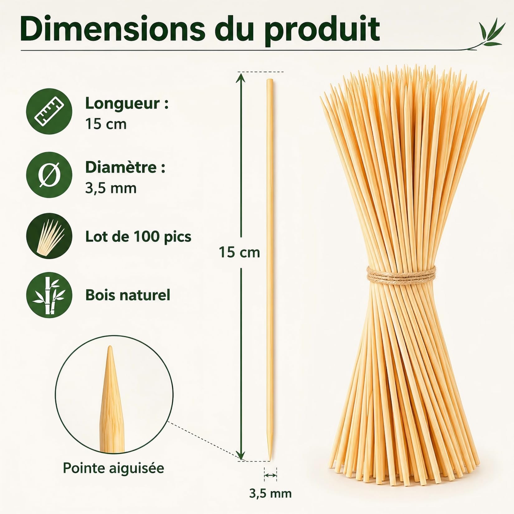 Lot de 100 Pics à Brochettes en Bois 3.5mm x 15cm pour Barbecue, Grillades, Fruits et Légumes