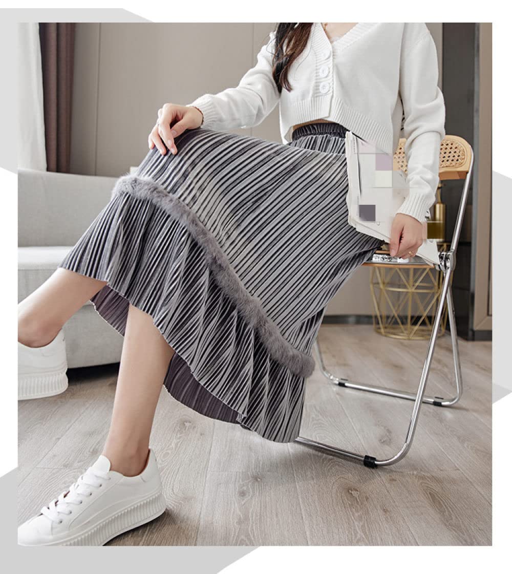 Faldas De Invierno para Mujer, Faldas Plisadas Grises De Terciopelo Dorado para Mujer, Falda Midi De Talle Alto con Cintura Elástica, Falda De Invierno, Faldas