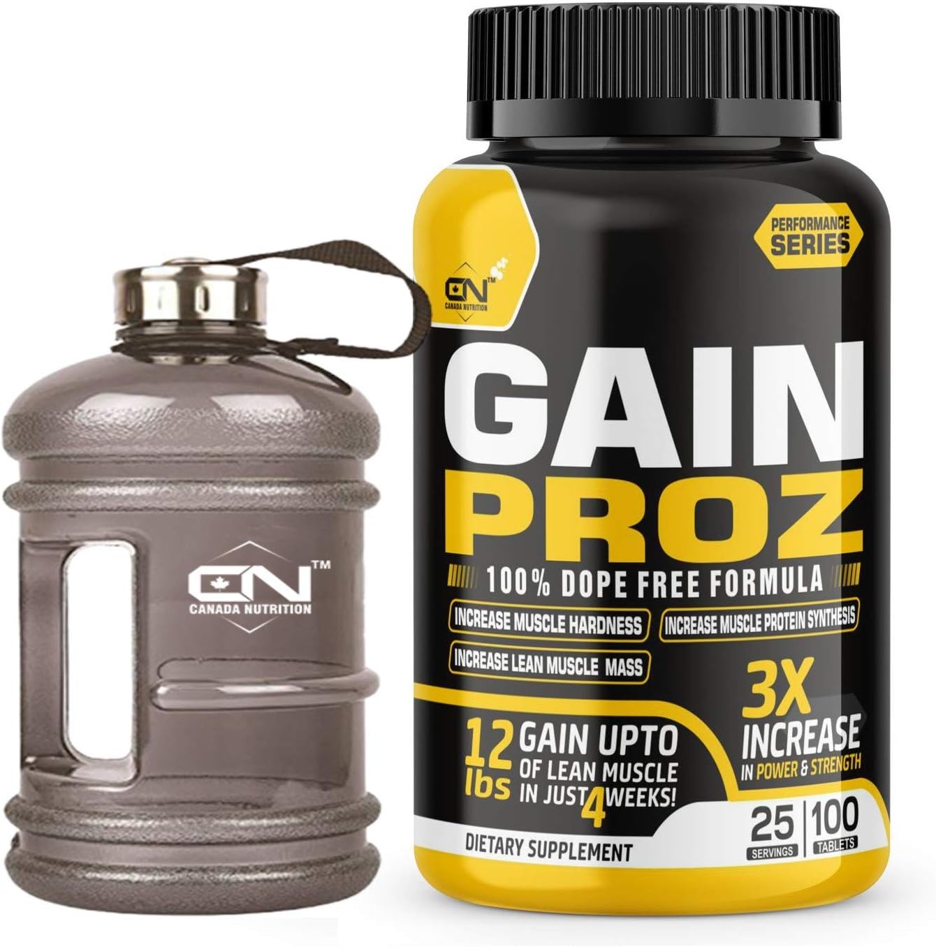 Canada Nutrition Gain Proz Bulk Gain Mass & Weight Gainer Capsule for Fast Weight & Muscle Gain, Daily Muscle Building Weight Lifters Supplement for Muscle Growth, Stamina, Endurance & Strength, For Men & Women - 100 Capsules | Free Gallon Shaker