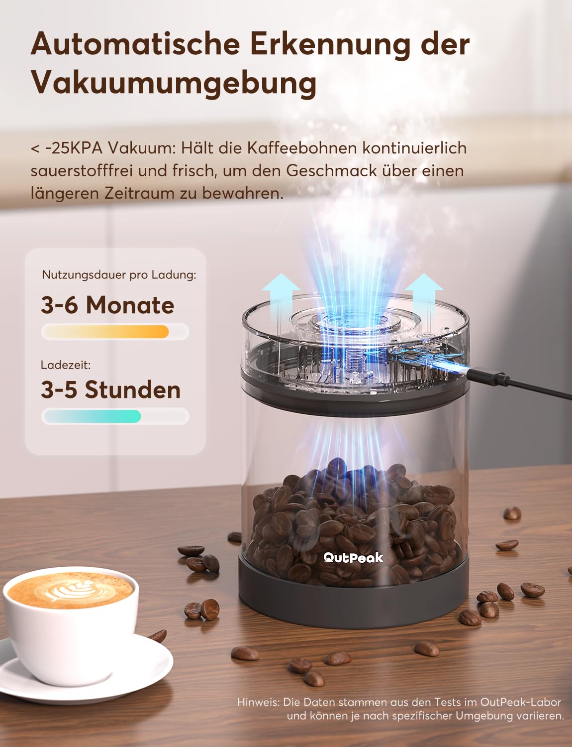 OUTPEAK Neo 2026 Kilo Auto-Vakuum-Kaffeedose, 1,5 l Fassungsvermögen für 500 ml Kaffeebohnen, Ein-Knopf-Bedienung, Edelstahl-Kaffee-Aufbewahrungsbehälter für Barista, Geschenke (groß, mattschwarz)