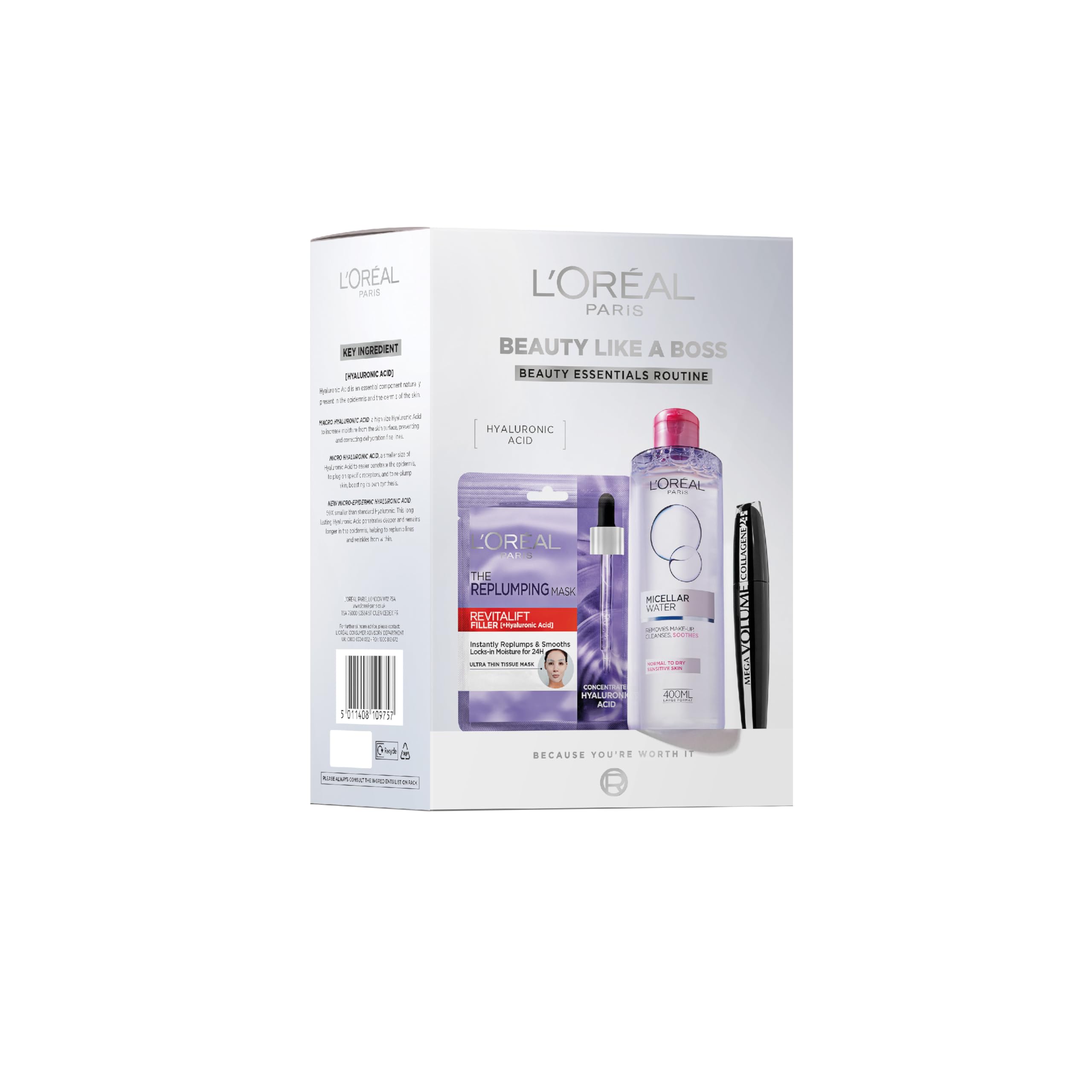 L'Oreal ParisBeauty Like a Boss Giftset, Skincare Routine Powered by Hyaluronic Acid; Micellar Water + Replumping Tissue Mask + Mega Volume 24hour Collagen Mascara, Prep & Glow Everyday