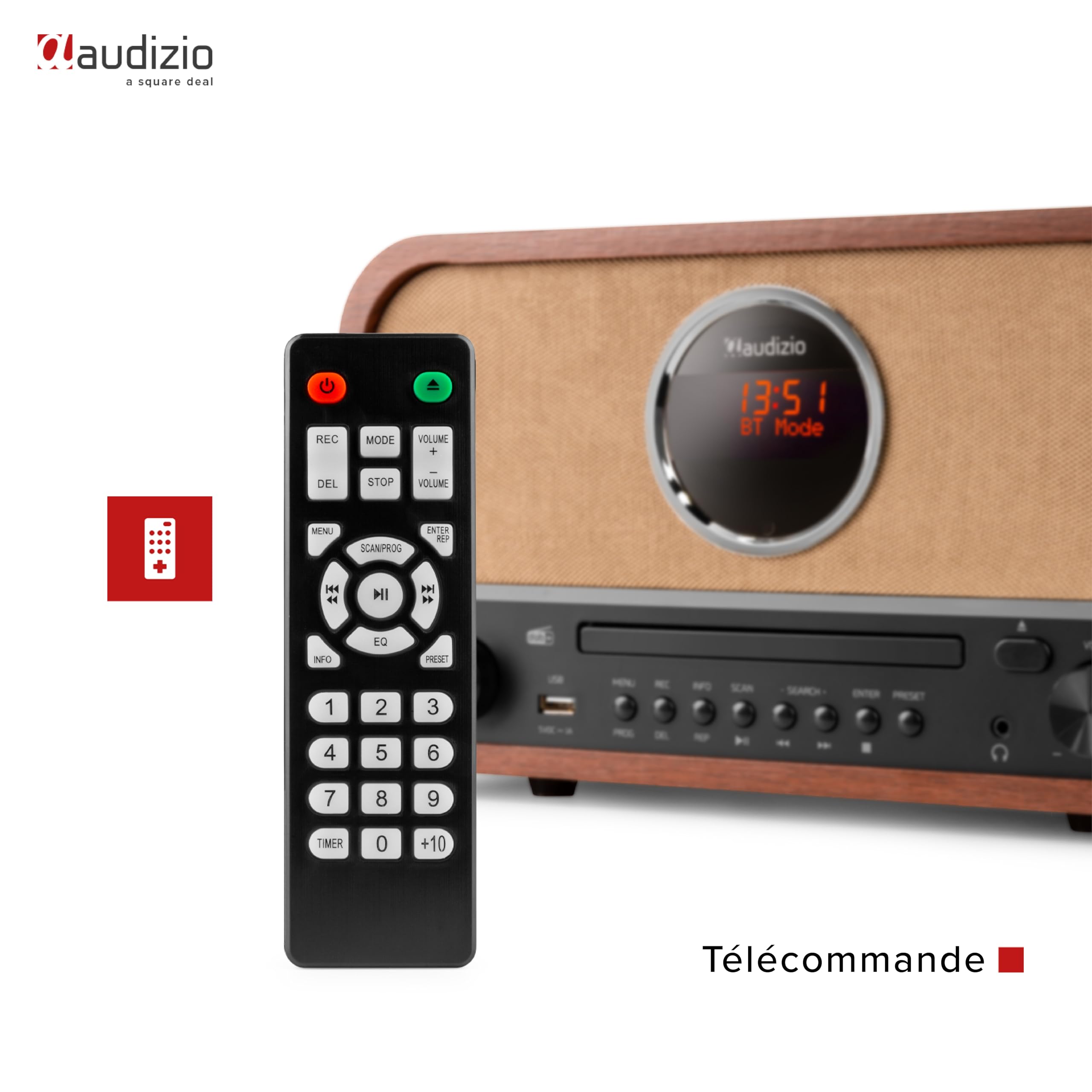 Audizio Salerno Radio Dab+ avec Lecteur CD - Bluetooth 5.0, Affichage LCD, Horloge et Minuterie, Sortie Casque, Télécommande Incluse, Idéal comme Objet de Décoration et pour Écouter la Radio